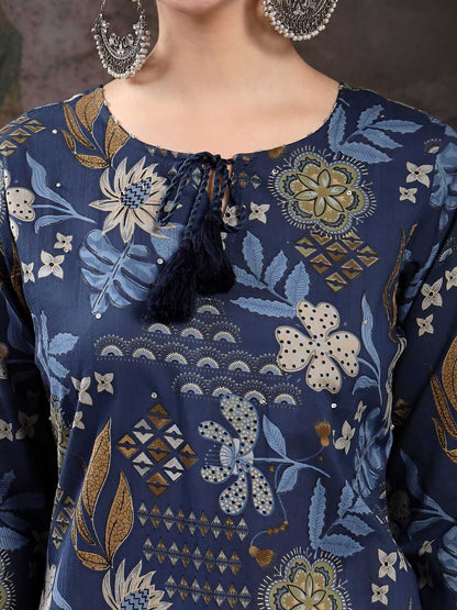 Women Floral Printed Cotton Kurta with Trousers & Dupatta