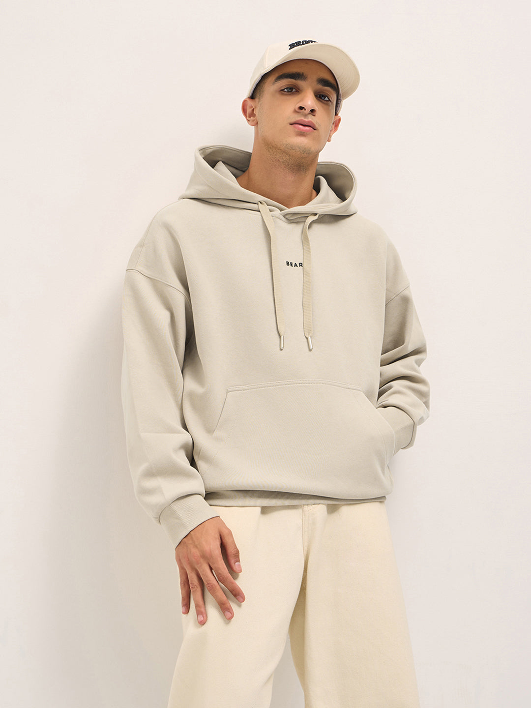 Beige Solid Relax Fit Hoodie with Kangaroo Pocket