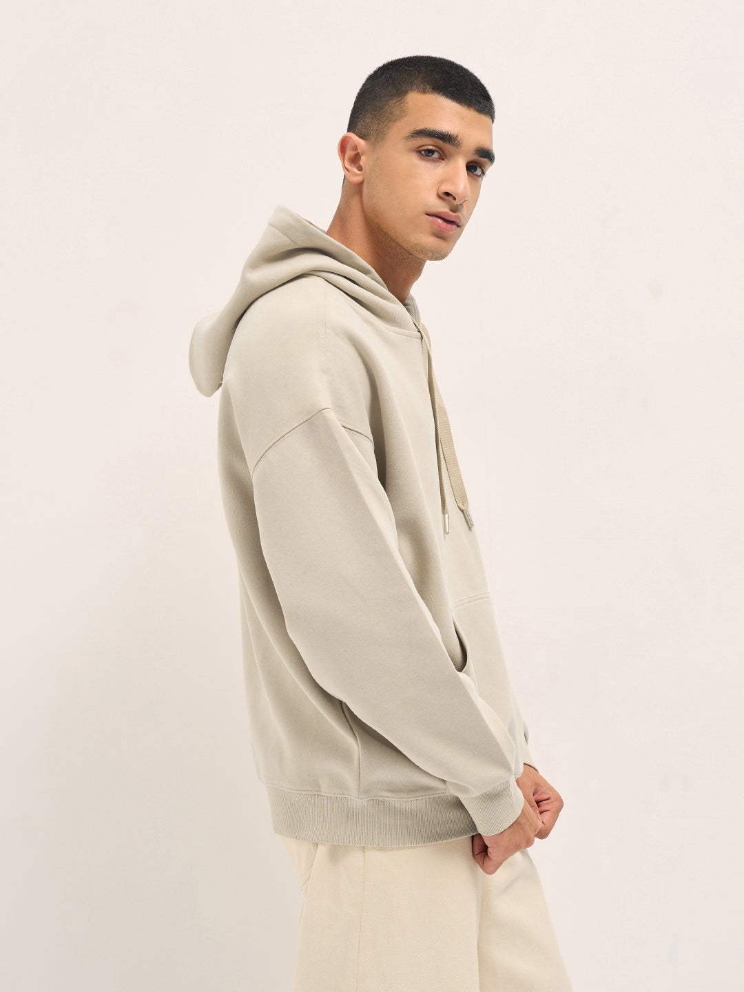 Beige Solid Relax Fit Hoodie with Kangaroo Pocket