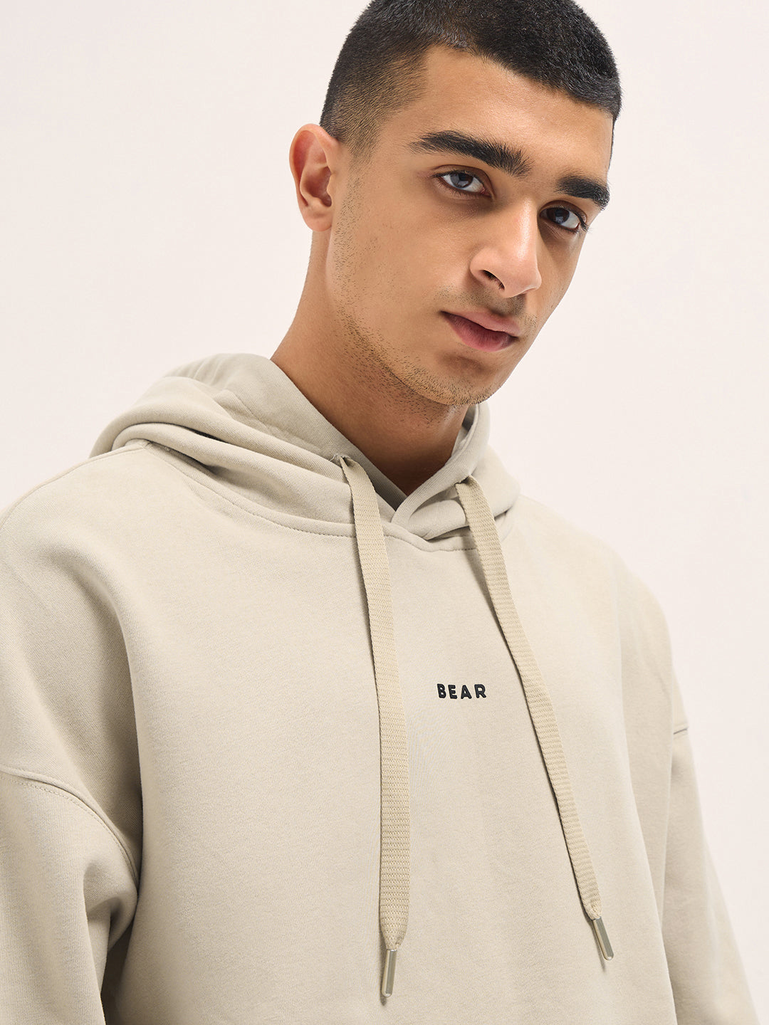 Beige Solid Relax Fit Hoodie with Kangaroo Pocket