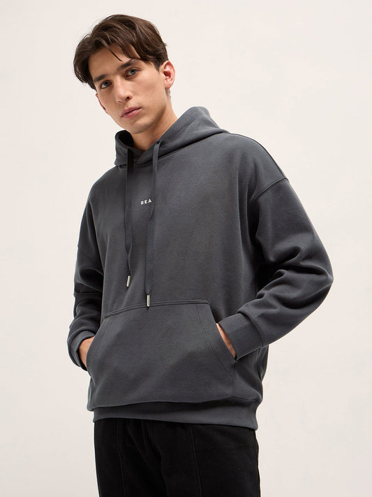 Dark Grey Solid Relax Fit Hoodie with Kangaroo Pocket