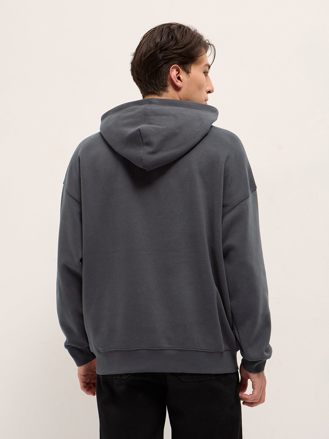 Dark Grey Solid Relax Fit Hoodie with Kangaroo Pocket