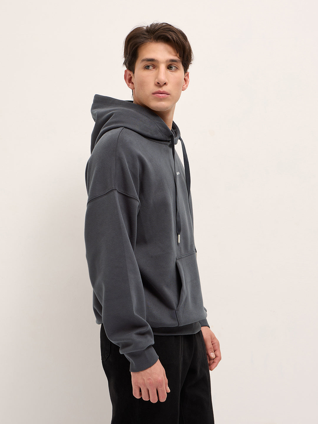 Dark Grey Solid Relax Fit Hoodie with Kangaroo Pocket