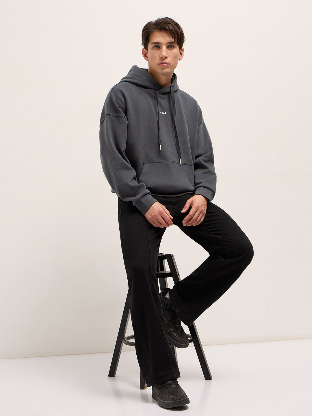 Dark Grey Solid Relax Fit Hoodie with Kangaroo Pocket
