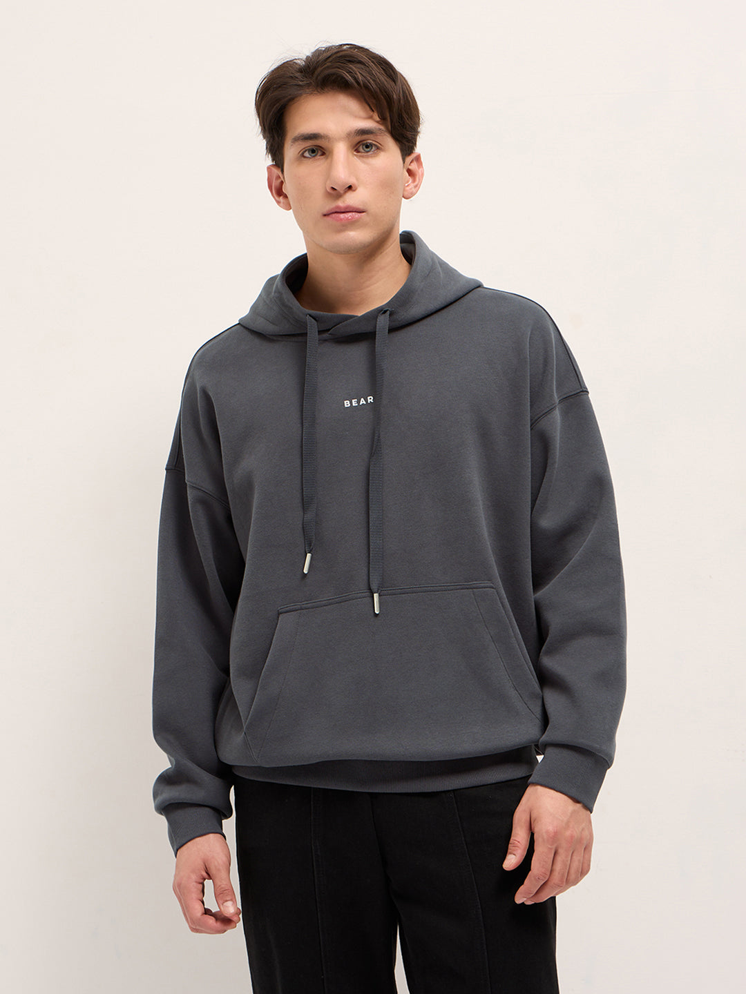 Dark Grey Solid Relax Fit Hoodie with Kangaroo Pocket