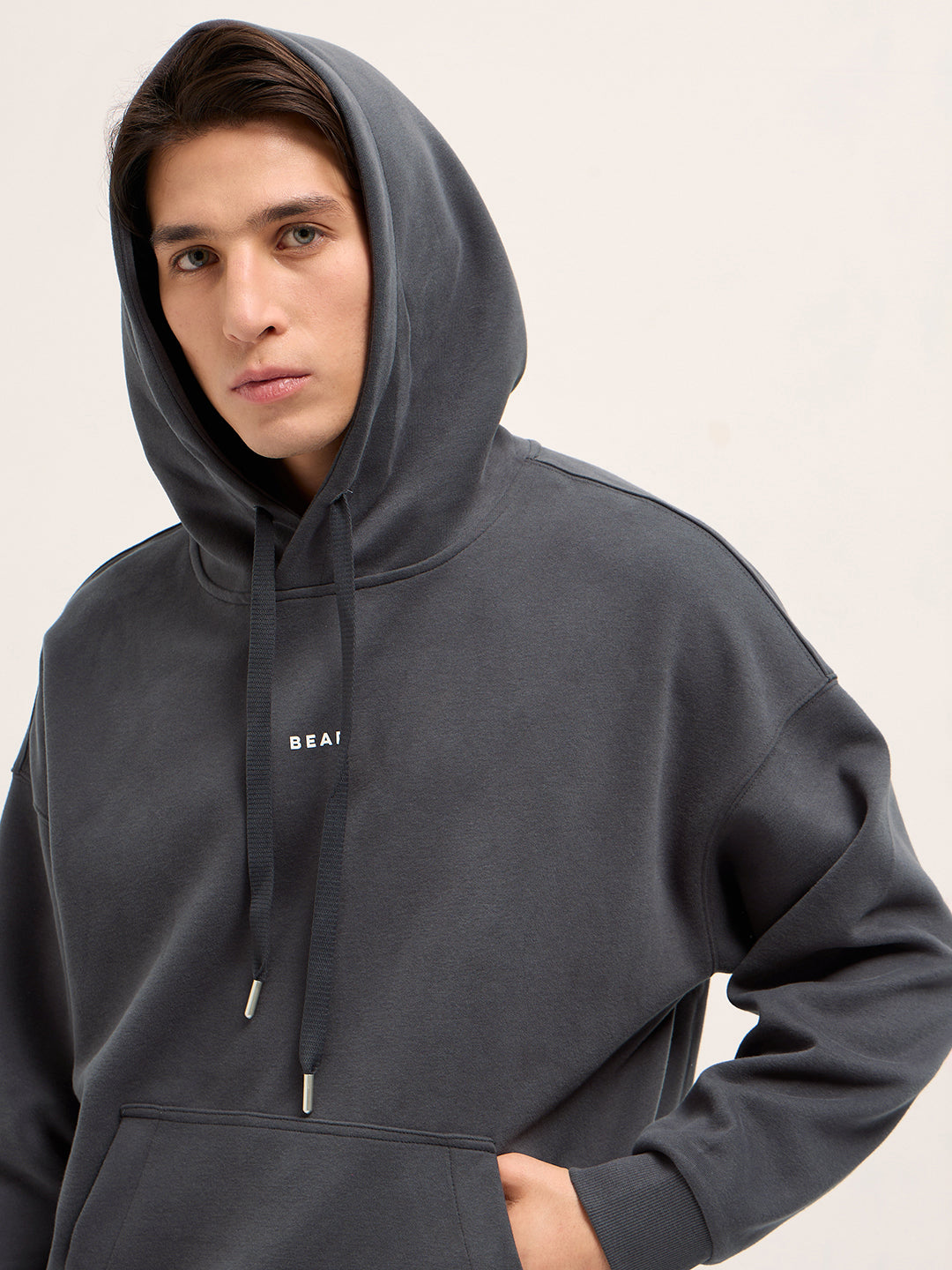 Dark Grey Solid Relax Fit Hoodie with Kangaroo Pocket