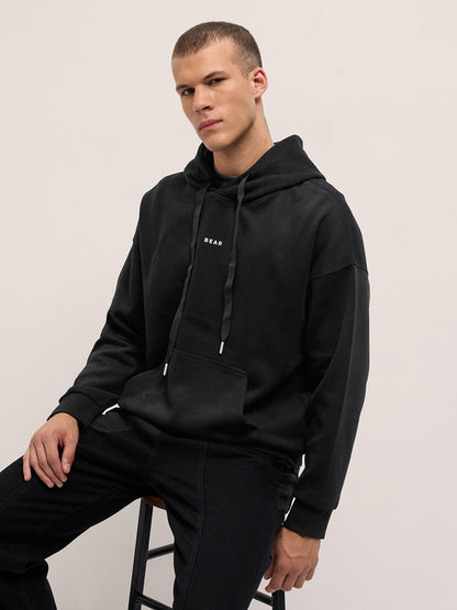 Black Solid Relax Fit Hoodie with Kangaroo Pocket