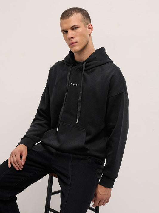 Black Solid Relax Fit Hoodie with Kangaroo Pocket