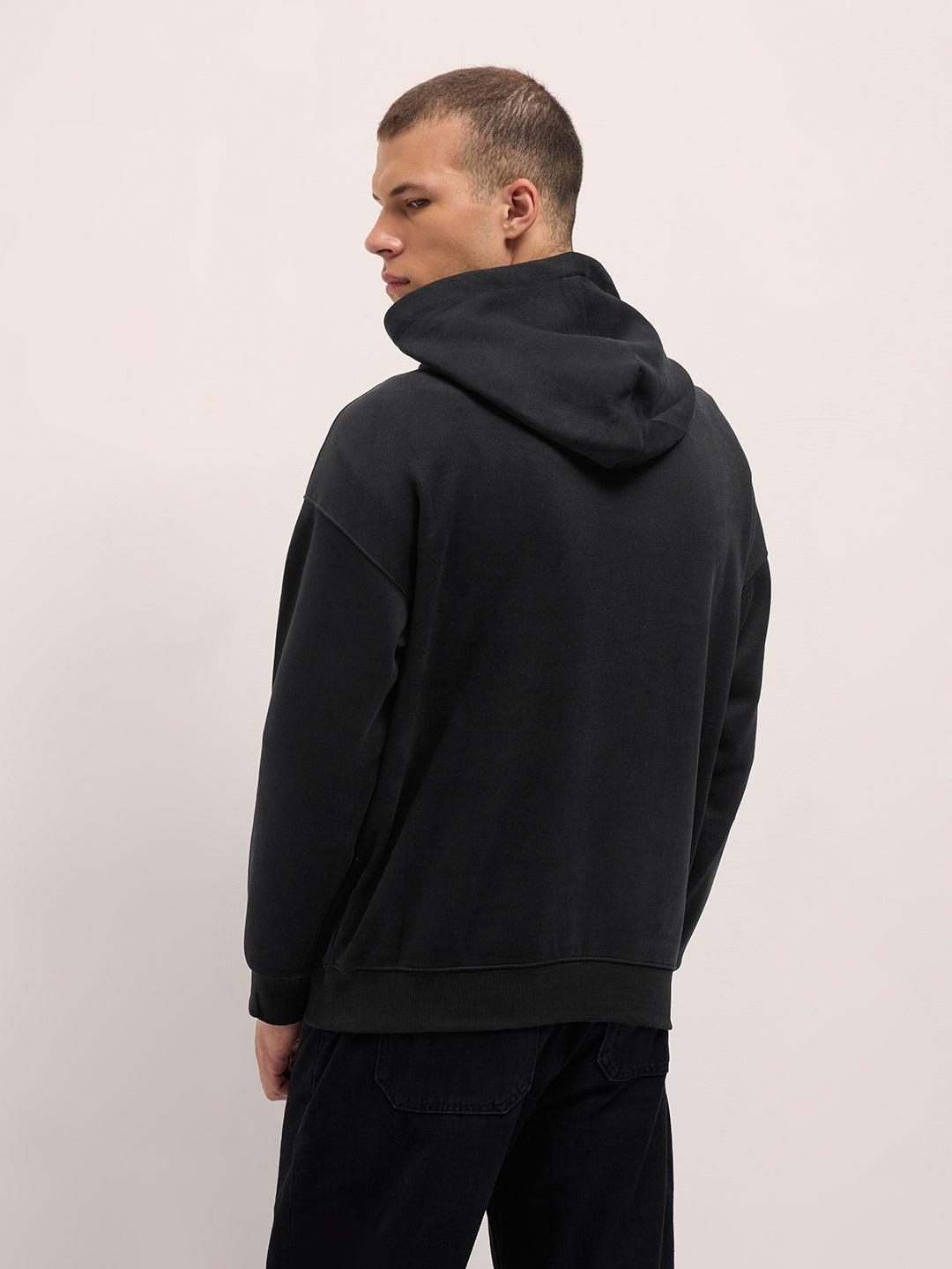 Black Solid Relax Fit Hoodie with Kangaroo Pocket