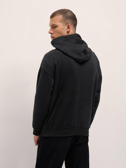 Black Solid Relax Fit Hoodie with Kangaroo Pocket
