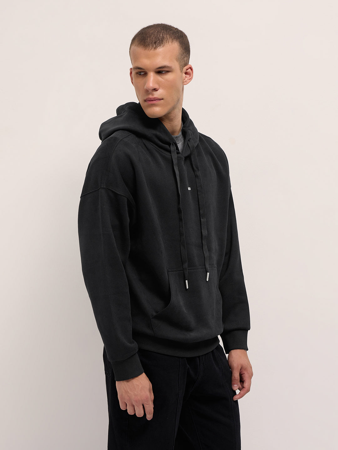 Black Solid Relax Fit Hoodie with Kangaroo Pocket