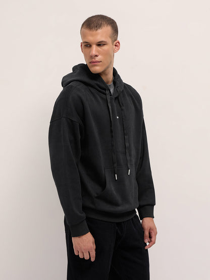 Black Solid Relax Fit Hoodie with Kangaroo Pocket