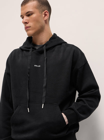 Black Solid Relax Fit Hoodie with Kangaroo Pocket