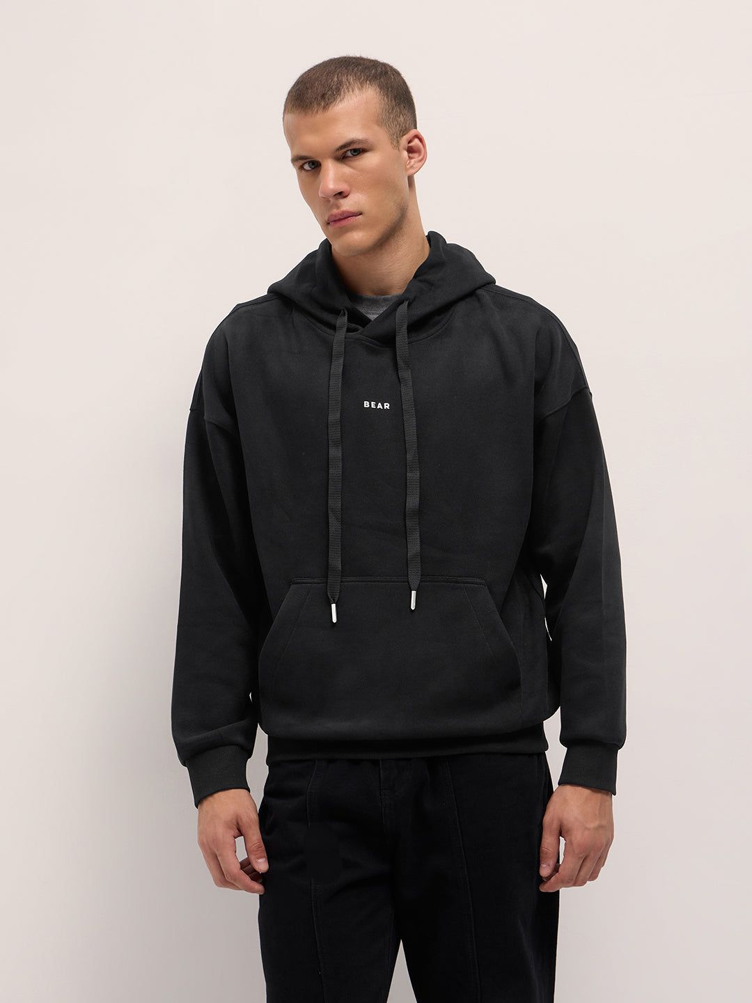 Black Solid Relax Fit Hoodie with Kangaroo Pocket
