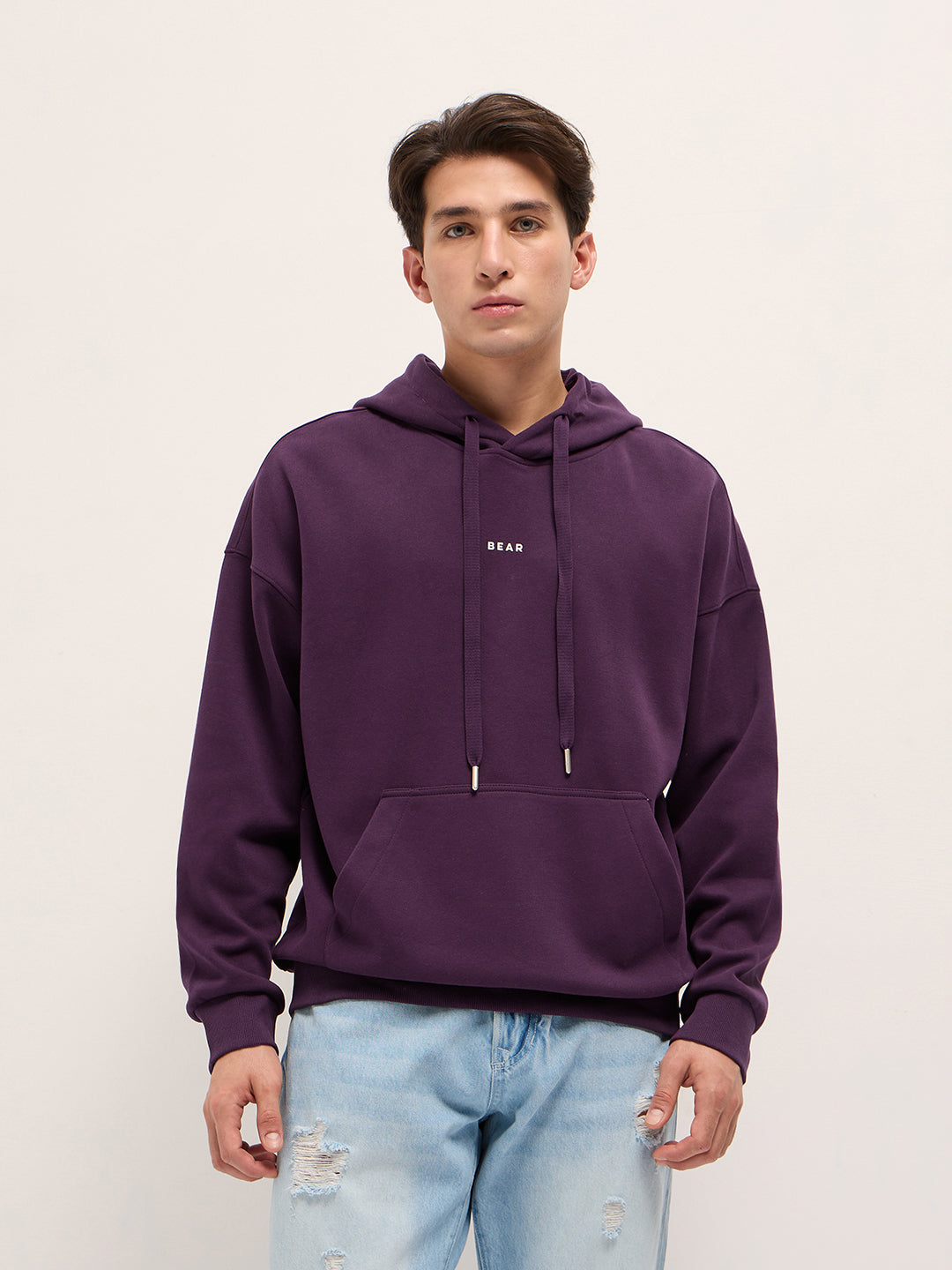 Purple Solid Relax Fit Hoodie with Kangaroo Pocket