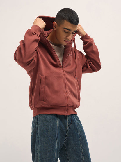 Red Solid Relax Fit Hoodie with Zipper Closure