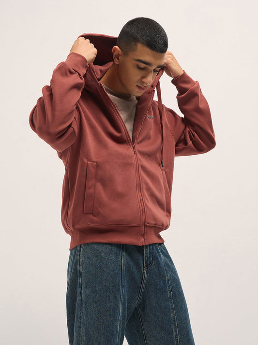 Red Solid Relax Fit Hoodie with Zipper Closure