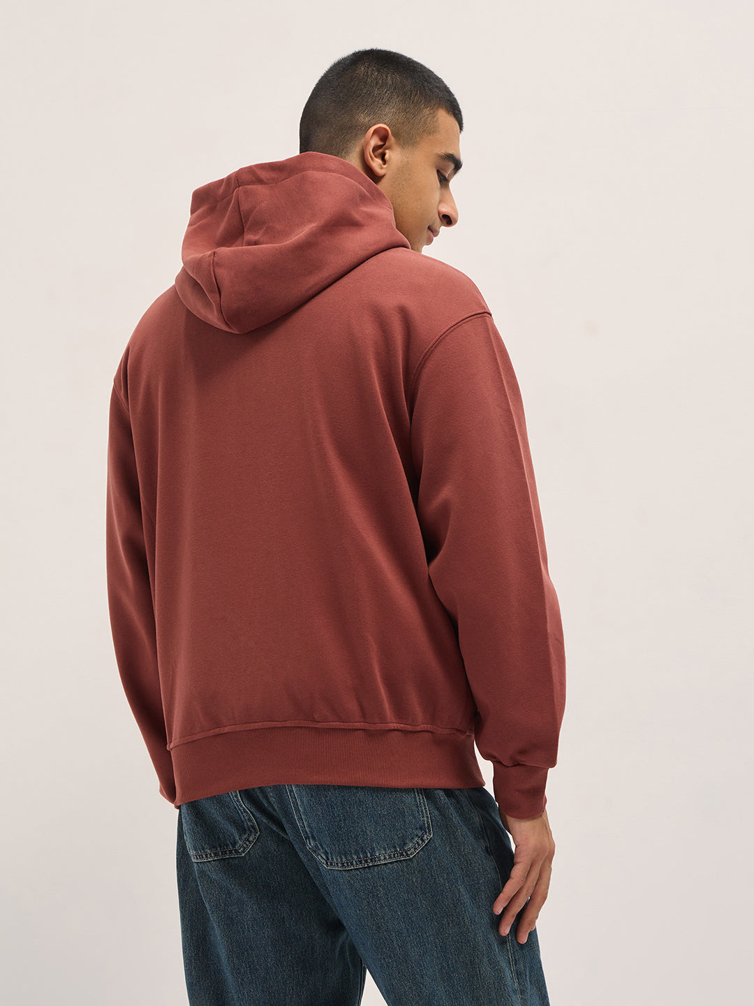 Red Solid Relax Fit Hoodie with Zipper Closure