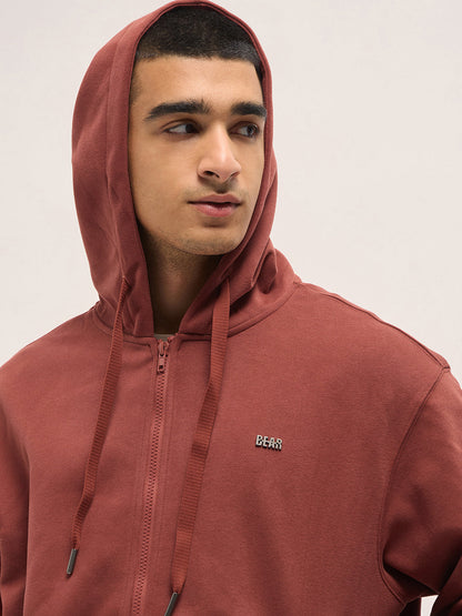 Red Solid Relax Fit Hoodie with Zipper Closure