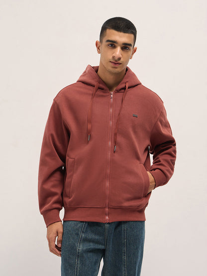 Red Solid Relax Fit Hoodie with Zipper Closure