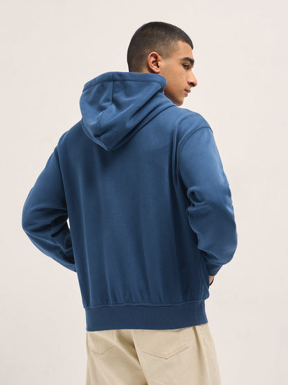 Blue Solid Relax Fit Hoodie with Zipper Closure