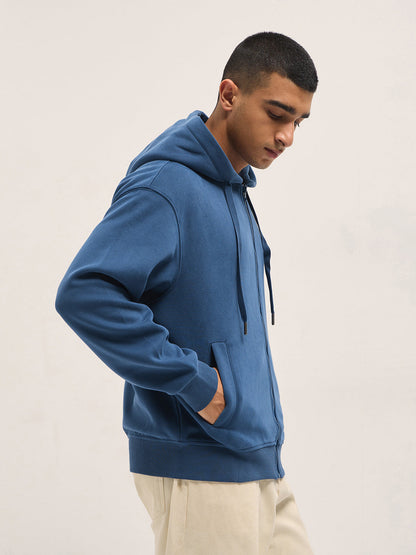 Blue Solid Relax Fit Hoodie with Zipper Closure