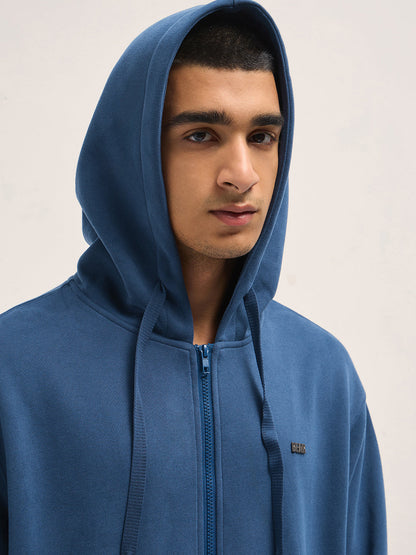 Blue Solid Relax Fit Hoodie with Zipper Closure