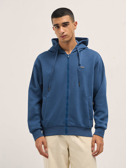 Blue Solid Relax Fit Hoodie with Zipper Closure