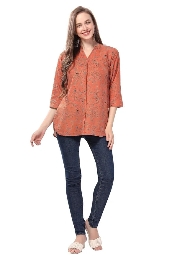 Women's Short Kurta Fashionably Rustic Printed Short Tunic In Faux Crepe | Kurti Tops | Short Kurti | Short Kurti For Women | Short Kurti For Girls