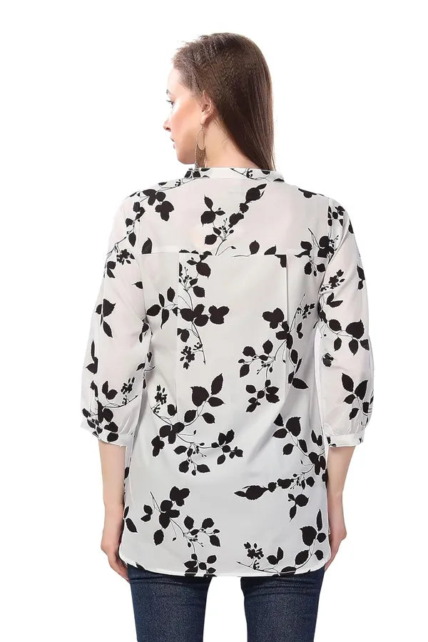 Women's Short Kurta Chic Contrast Faux Crepe Tunic With Stylish Black N White Print | Kurti Tops | Short Kurti | Short Kurti For Women | Short Kurti For Girls