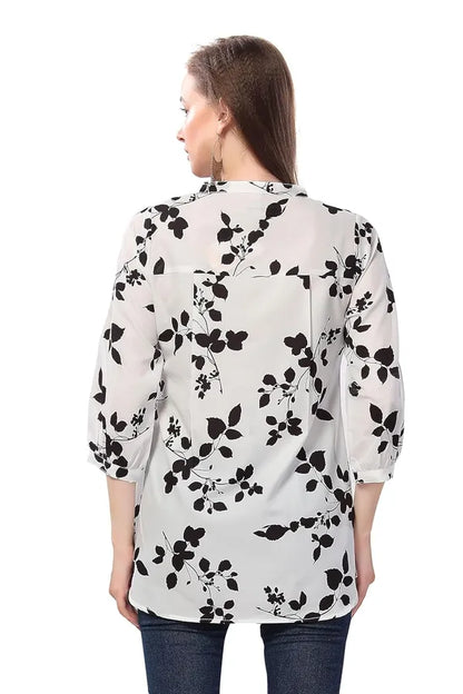 Women's Short Kurta Chic Contrast Faux Crepe Tunic With Stylish Black N White Print | Kurti Tops | Short Kurti | Short Kurti For Women | Short Kurti For Girls