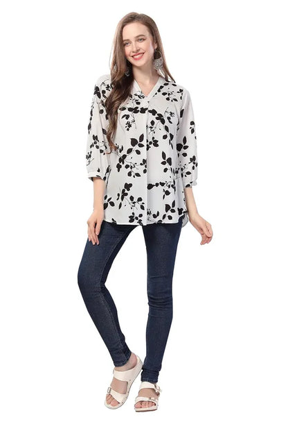 Women's Short Kurta Chic Contrast Faux Crepe Tunic With Stylish Black N White Print | Kurti Tops | Short Kurti | Short Kurti For Women | Short Kurti For Girls