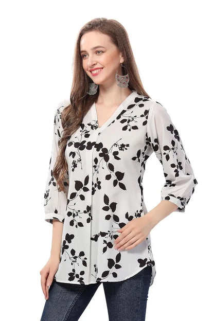 Women's Short Kurta Chic Contrast Faux Crepe Tunic With Stylish Black N White Print | Kurti Tops | Short Kurti | Short Kurti For Women | Short Kurti For Girls