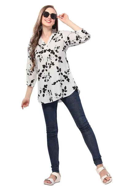 Women's Short Kurta Chic Contrast Faux Crepe Tunic With Stylish Black N White Print | Kurti Tops | Short Kurti | Short Kurti For Women | Short Kurti For Girls