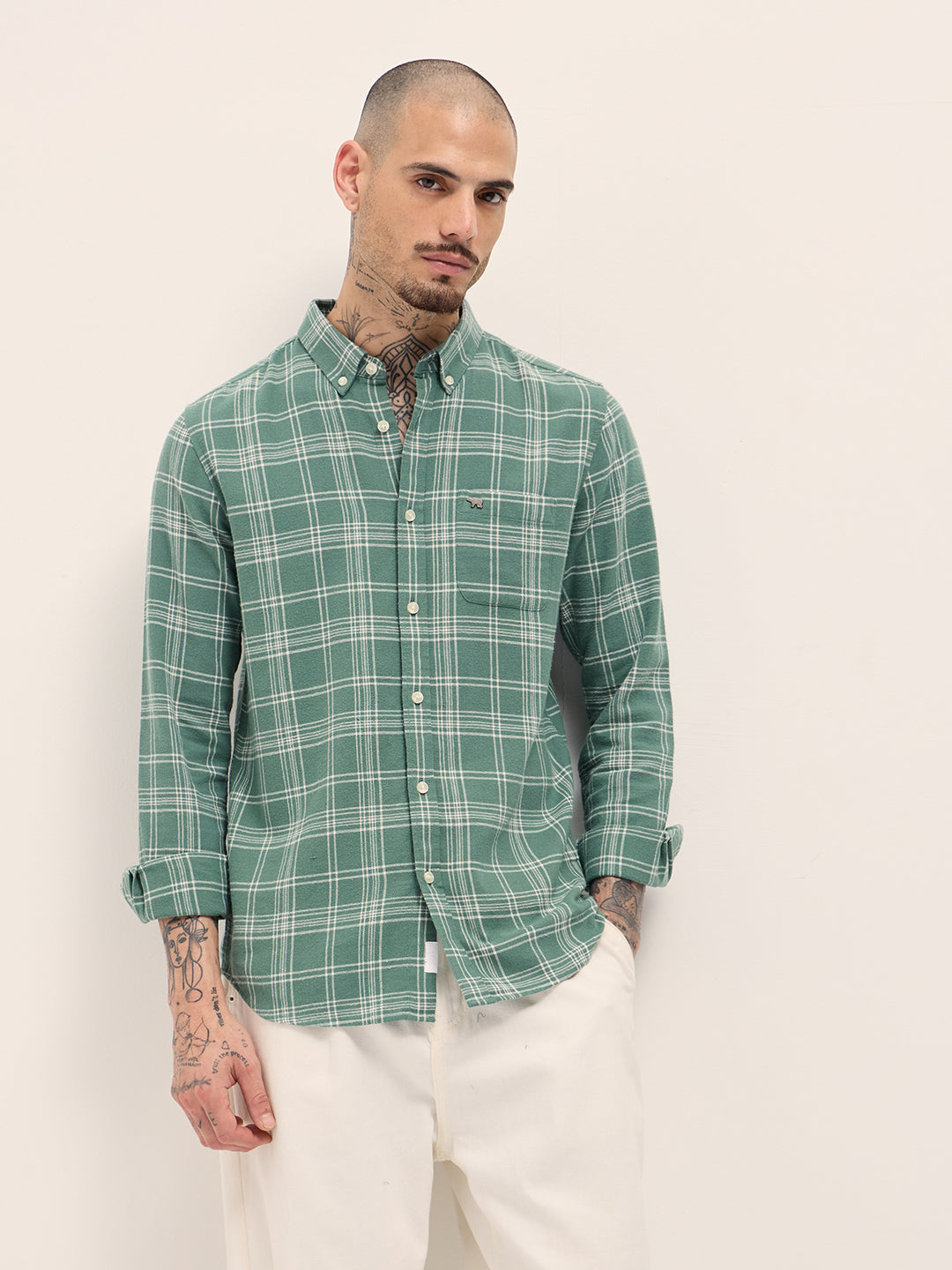 Green Checkered Slim Fit Casual Shirt