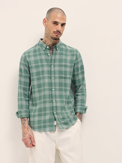 Green Checkered Slim Fit Casual Shirt