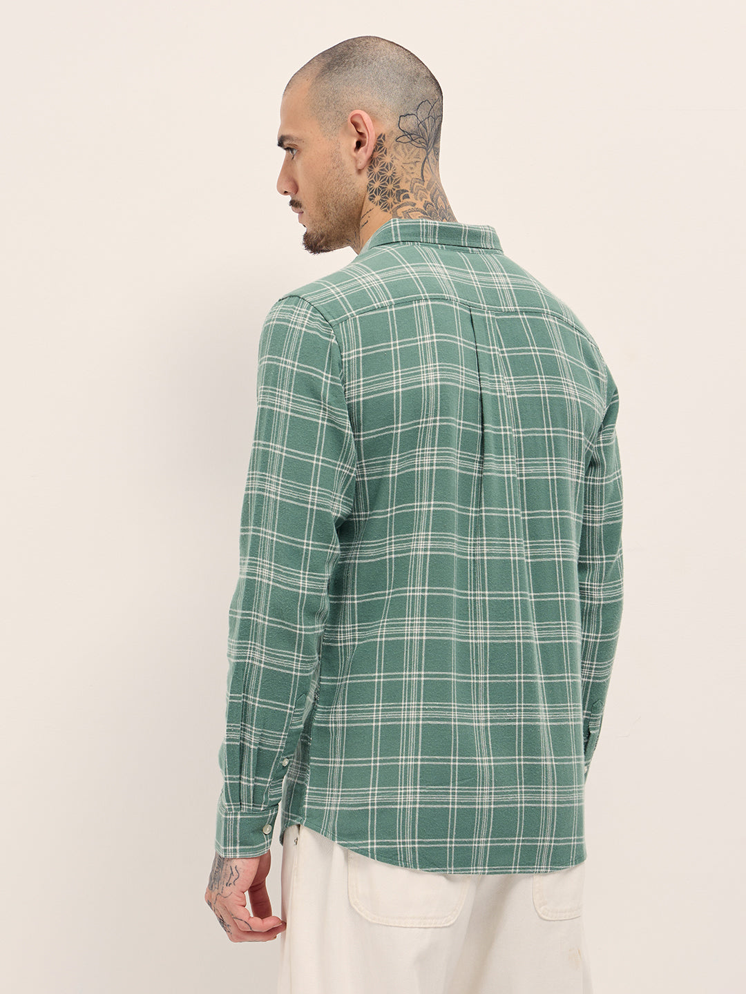 Green Checkered Slim Fit Casual Shirt