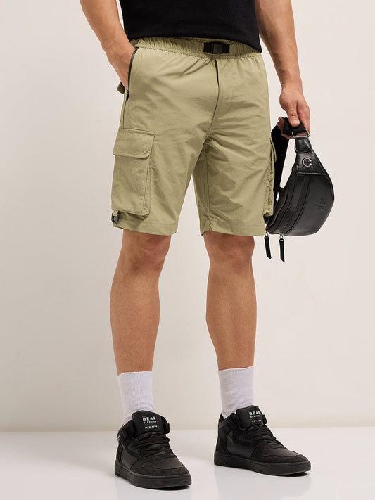 Beige Solid Nylon Cargo Shorts with Multiple Utility Pockets