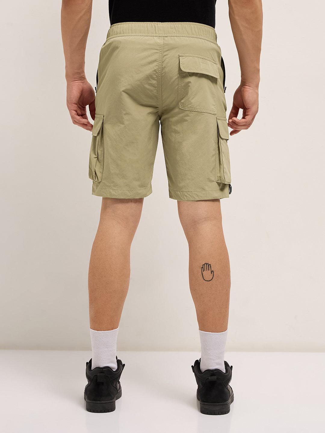 Beige Solid Nylon Cargo Shorts with Multiple Utility Pockets