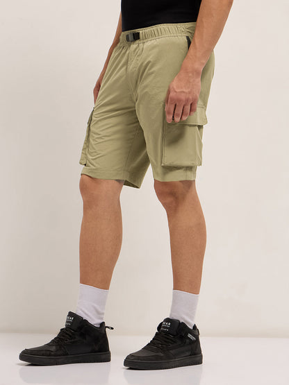 Beige Solid Nylon Cargo Shorts with Multiple Utility Pockets
