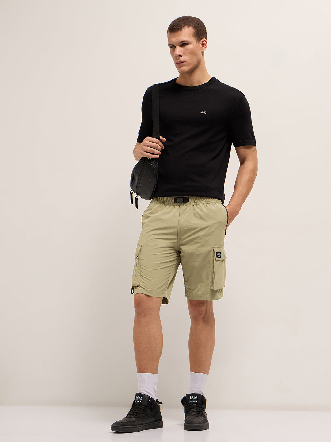Beige Solid Nylon Cargo Shorts with Multiple Utility Pockets
