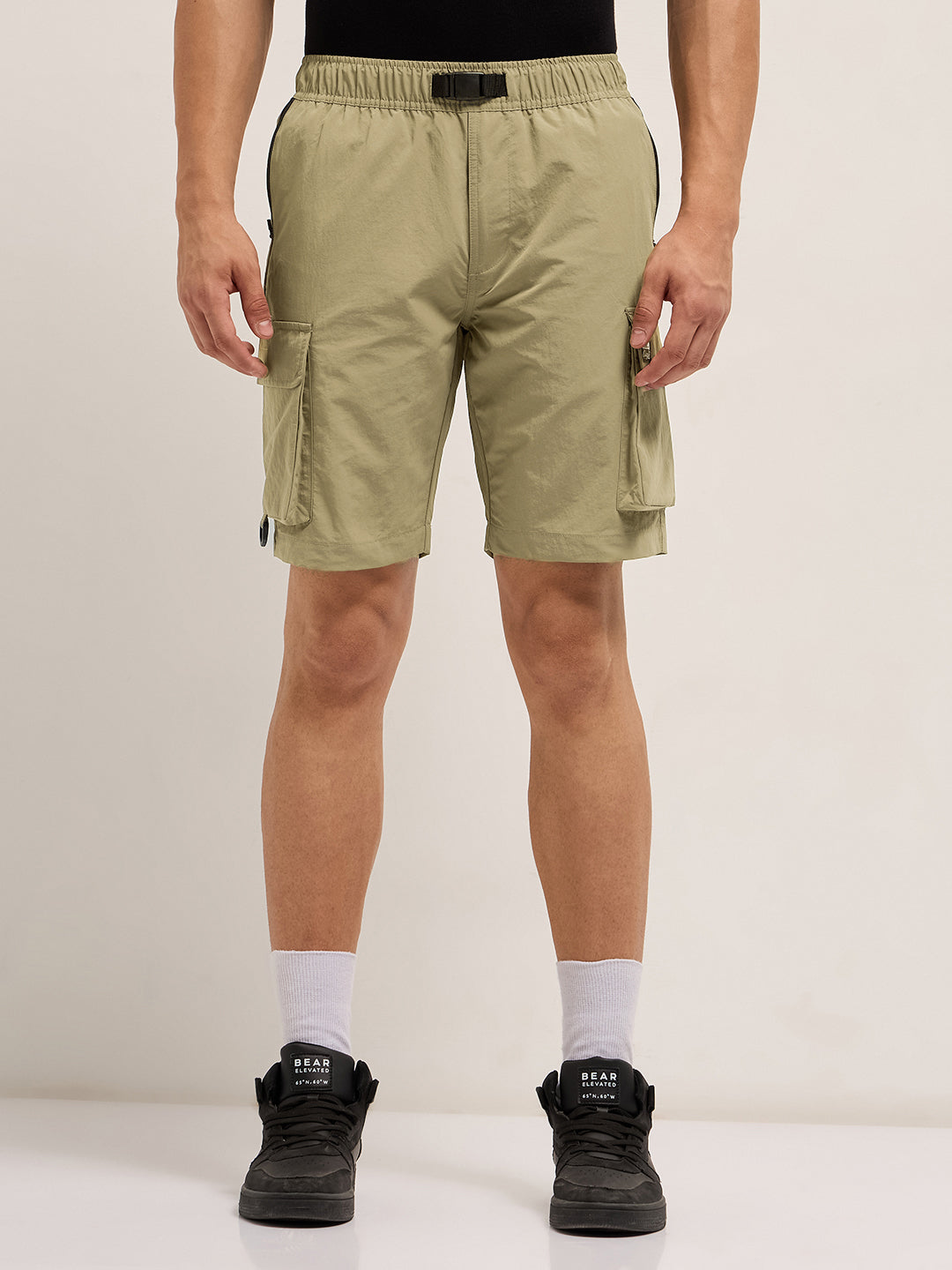 Beige Solid Nylon Cargo Shorts with Multiple Utility Pockets