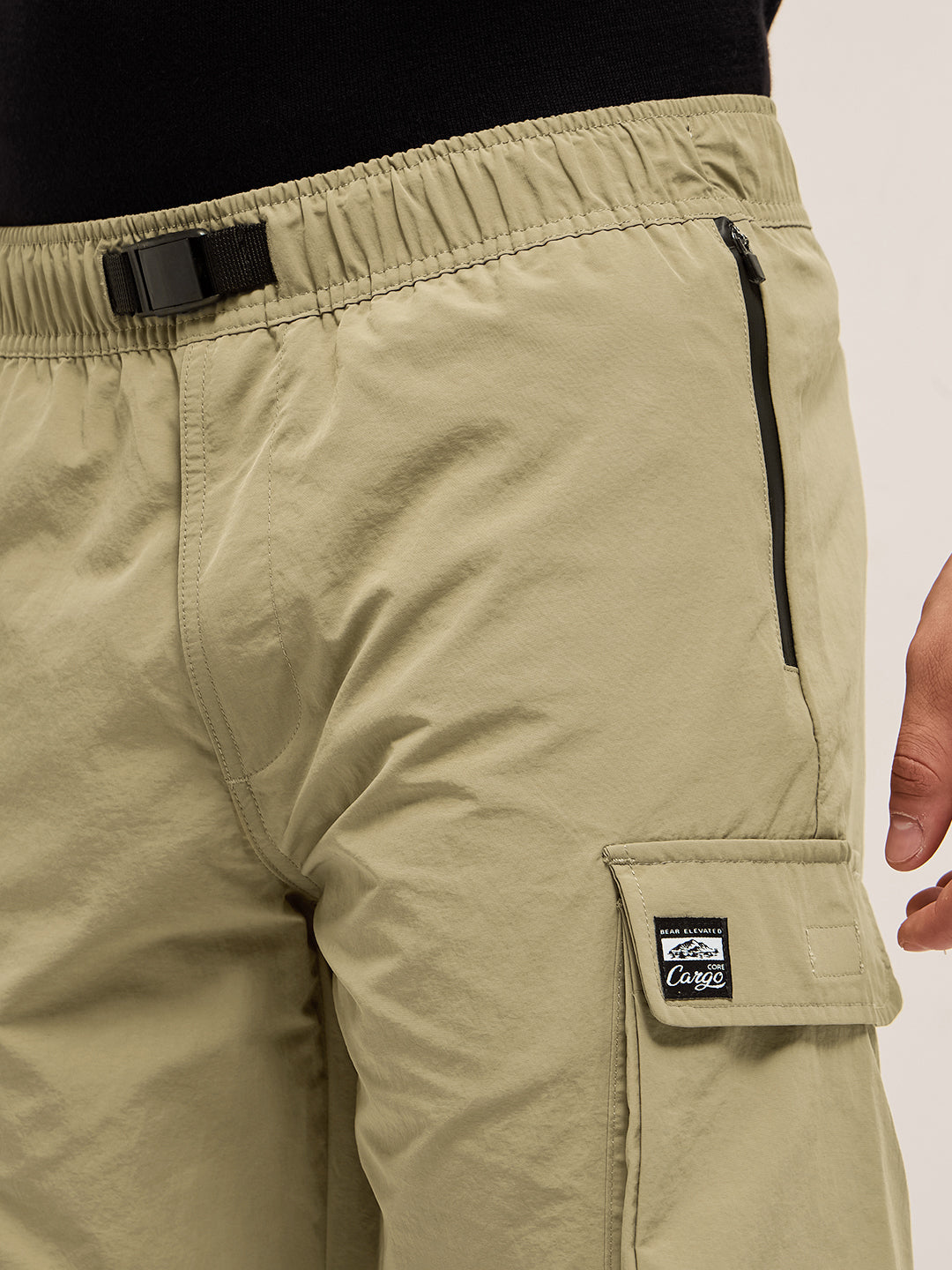 Beige Solid Nylon Cargo Shorts with Multiple Utility Pockets