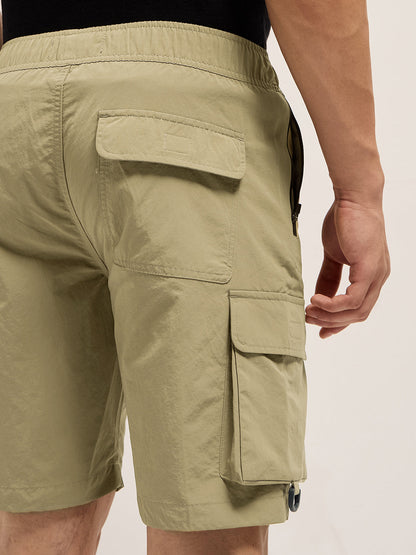 Beige Solid Nylon Cargo Shorts with Multiple Utility Pockets