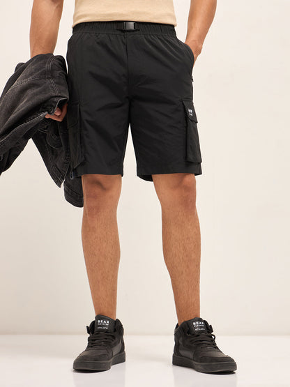 Black Solid Nylon Cargo Shorts with Multiple Utility Pockets
