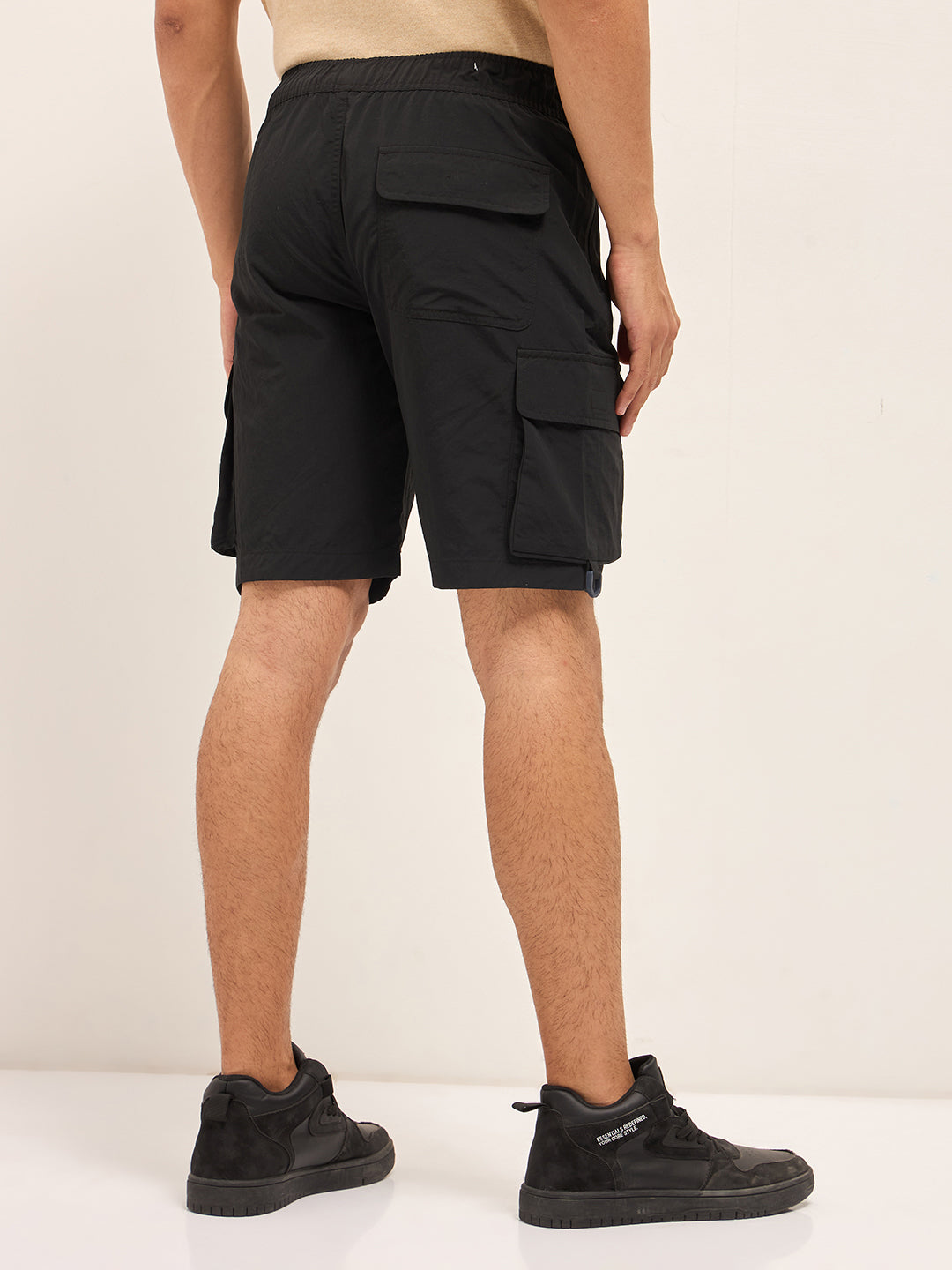 Black Solid Nylon Cargo Shorts with Multiple Utility Pockets