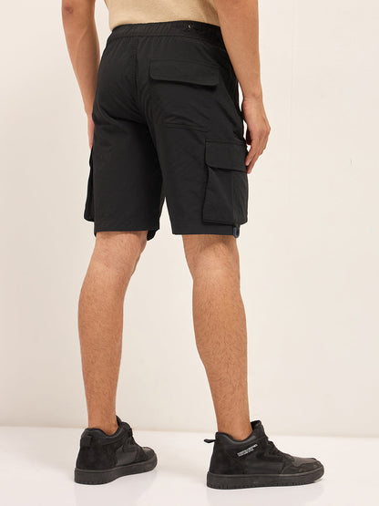 Black Solid Nylon Cargo Shorts with Multiple Utility Pockets