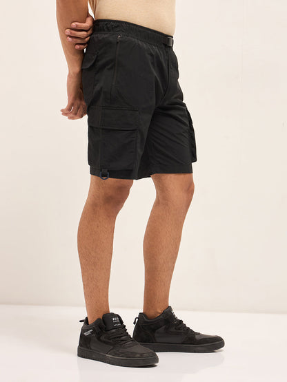Black Solid Nylon Cargo Shorts with Multiple Utility Pockets