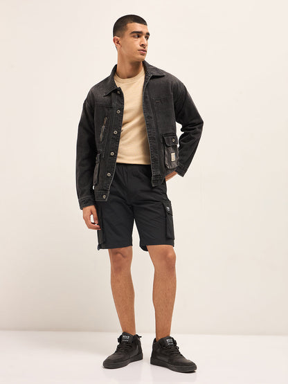 Black Solid Nylon Cargo Shorts with Multiple Utility Pockets