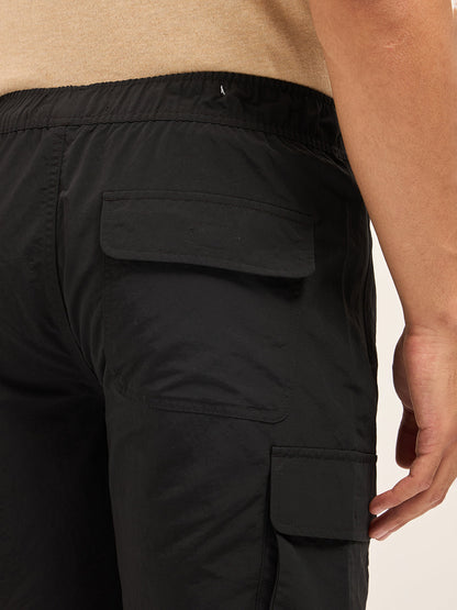 Black Solid Nylon Cargo Shorts with Multiple Utility Pockets